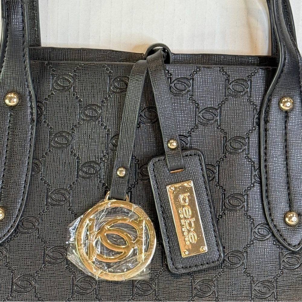 Bebe Embossed Black Logo Tote – Gold Charm & Saffiano Finish Chic - Picture 2 of 16